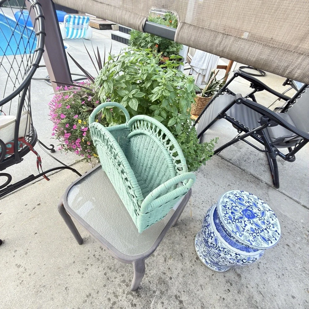 Vintage 1980s Seafoam Green Wicker Magazine Basket Boho Cottage Storage